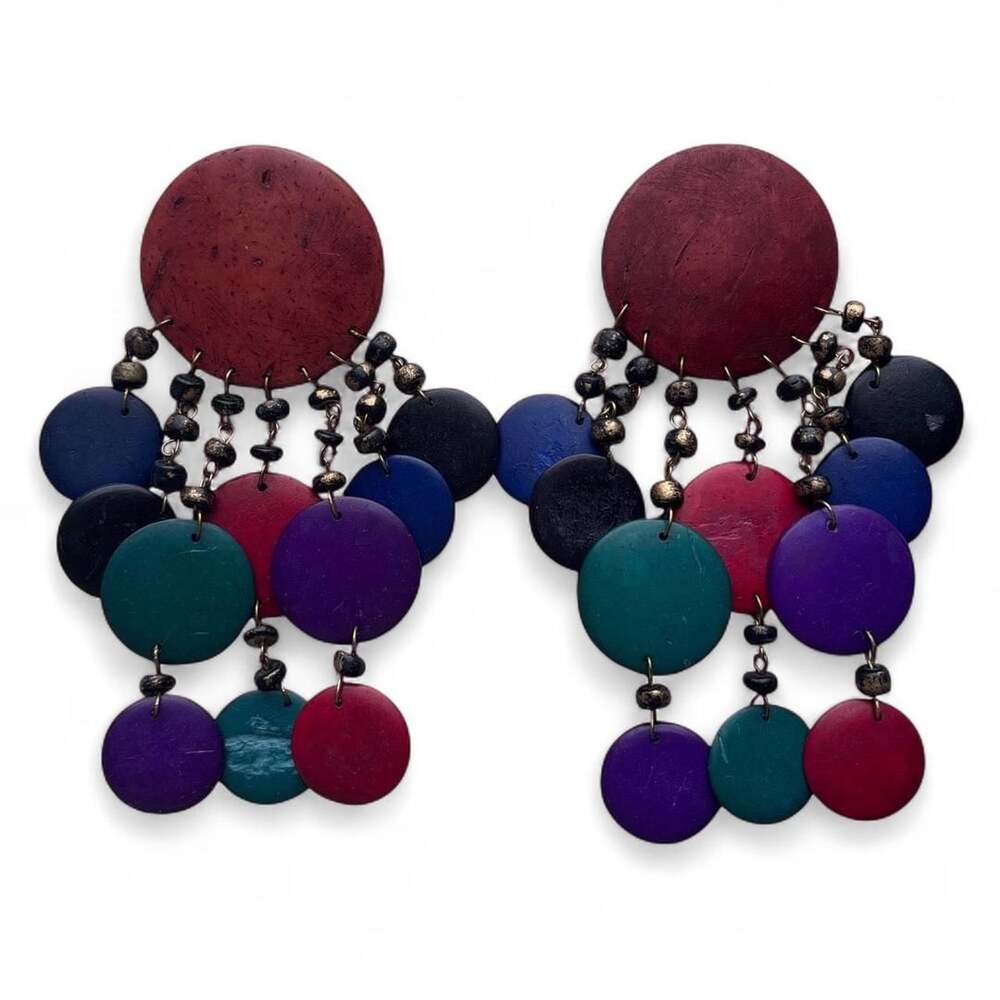 Vintage Multi-Color Wooden Disc Statement Earrings